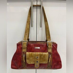 Vintage Joanel Y2K Shoulder Bag Distressed Red Camel Colorblock